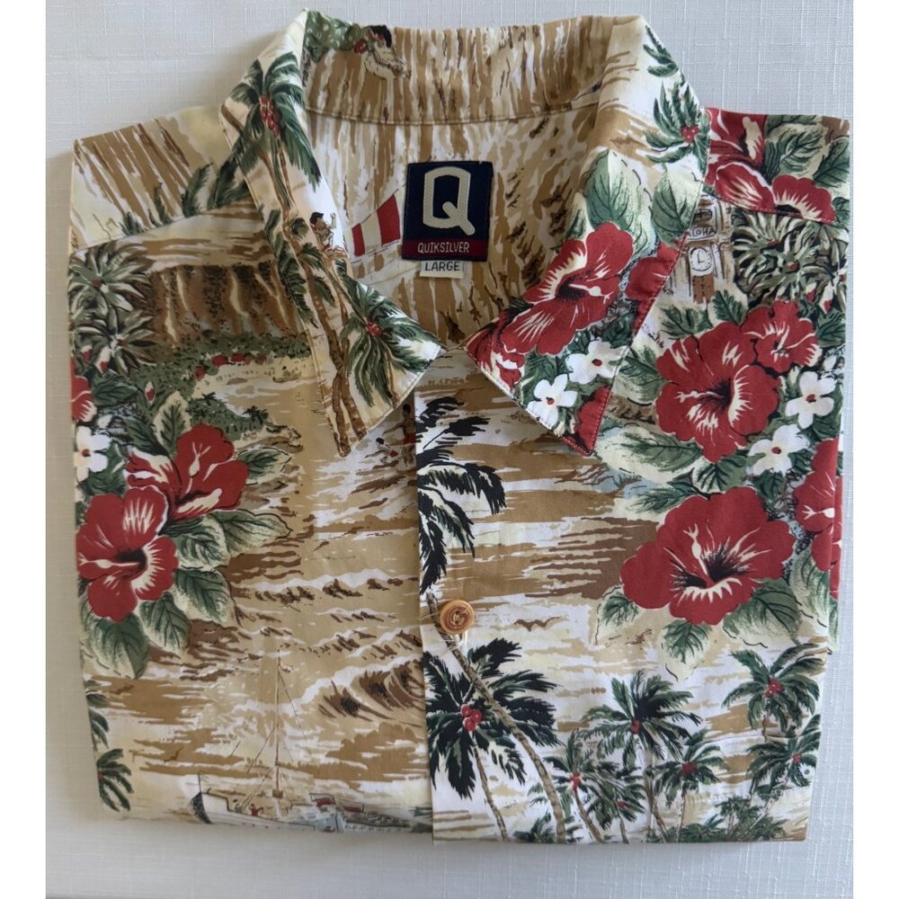 Quiksilver Men’s L 100% Cotton Hawaiian Shirt Aloha Island Tan & Green‎